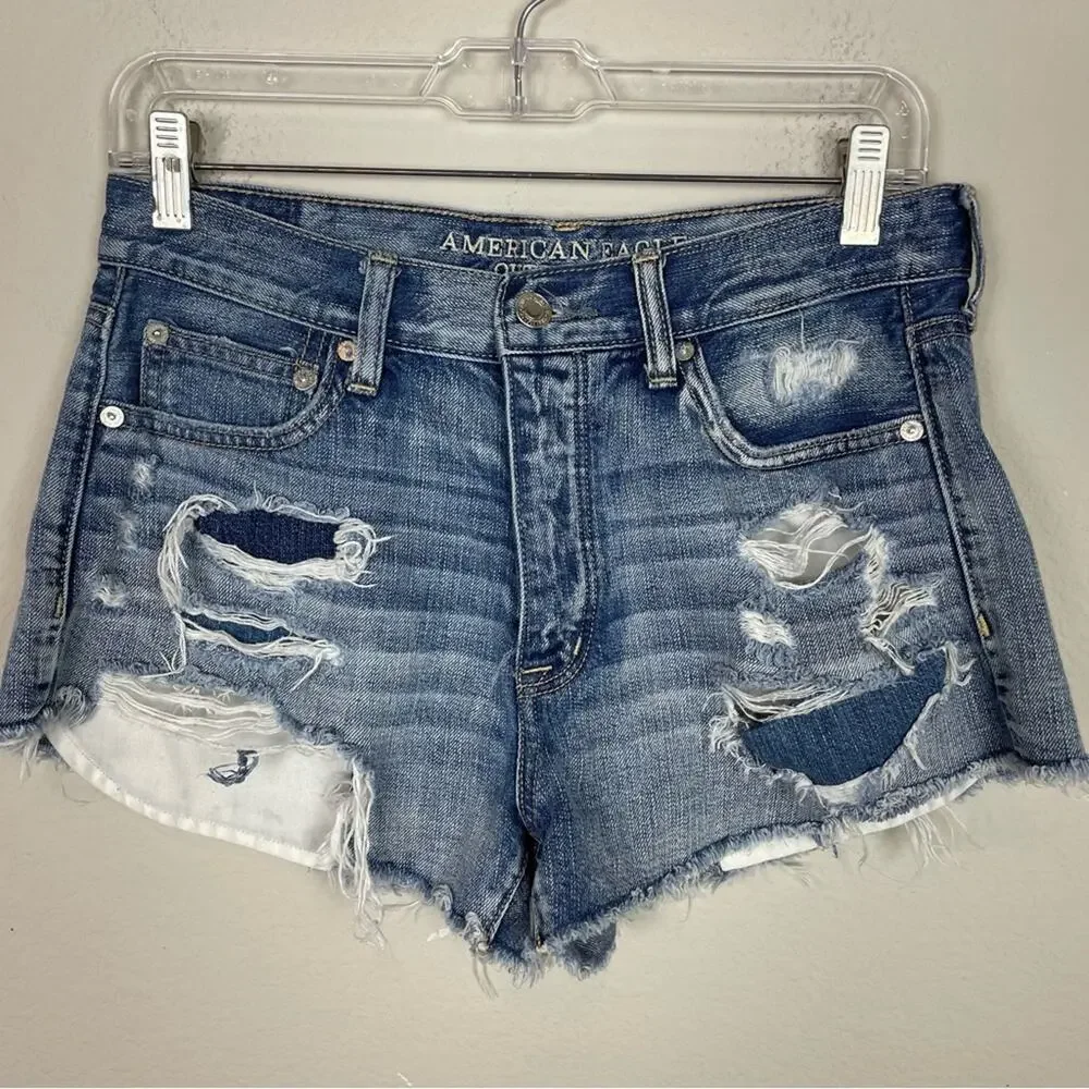 American Eagle Blue Denim Vintage Hi-rise Festival  Button Fly Shorts 6